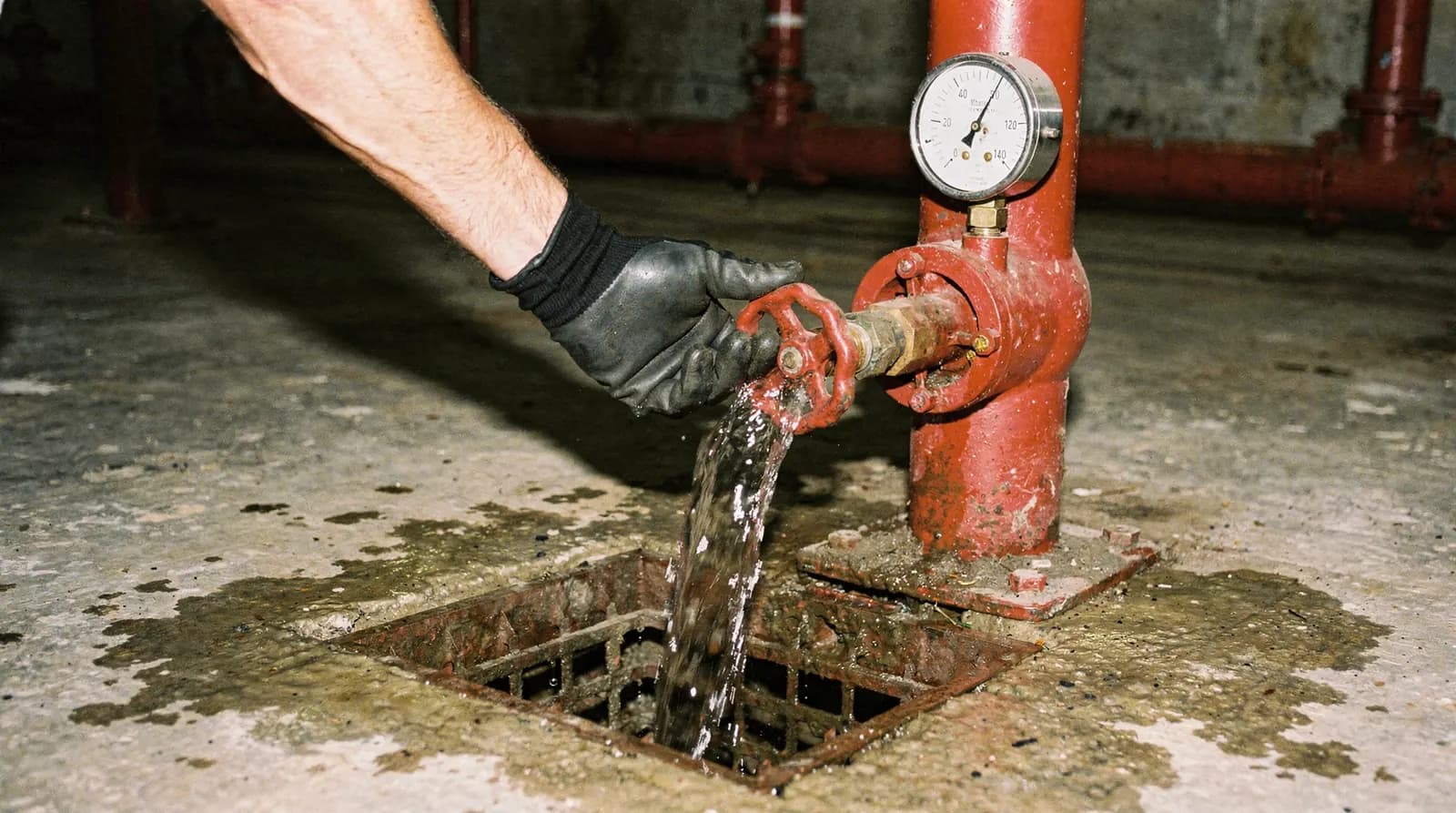 An inspector in a hard hat checking a pressure gauge and control valve in a plain commercial sprinkler riser room