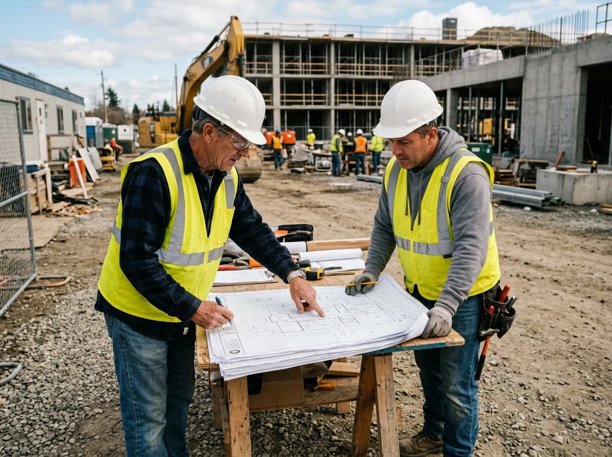 Field technicians reviewing site blueprints together