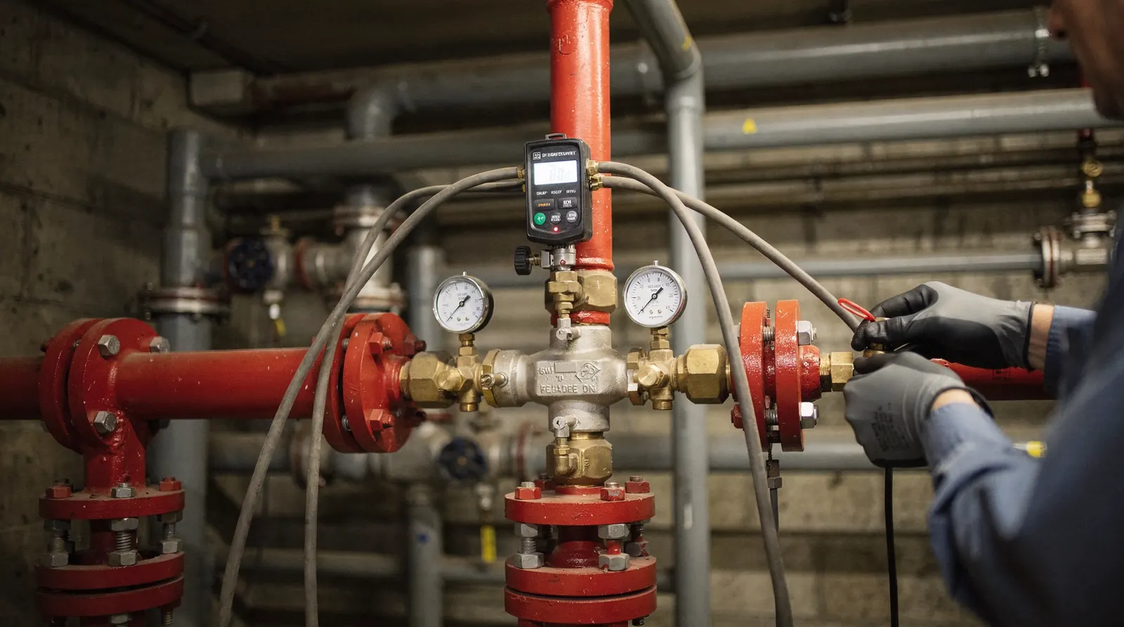 A technician with a calibrated test kit connected to the test cocks of a backflow assembly in a plain mechanical room