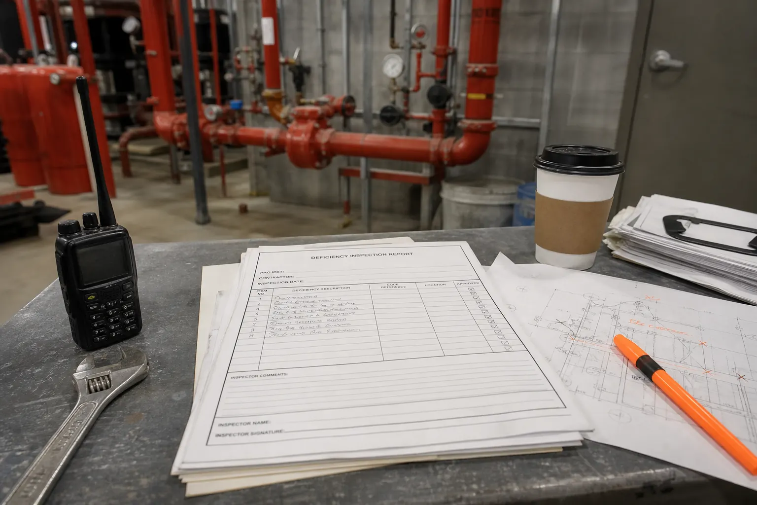 A clipboard with a marked-up deficiency list resting beside an open fire alarm control panel in a plain service corridor