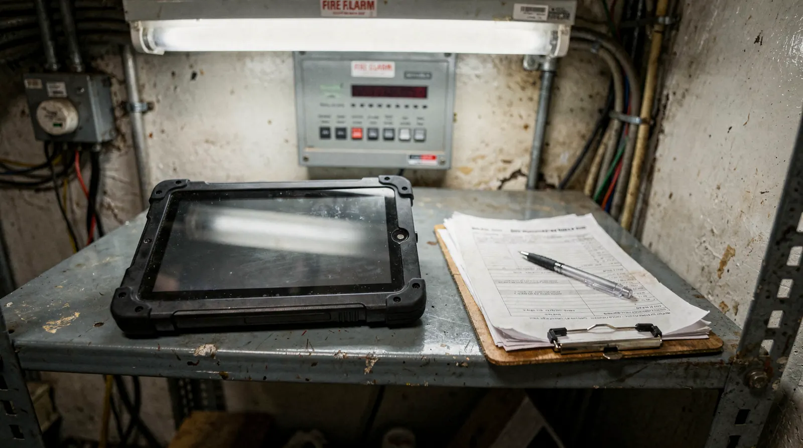 A technician's tablet and a printed inspection report on a desk in a small building office, next to a fire alarm panel key