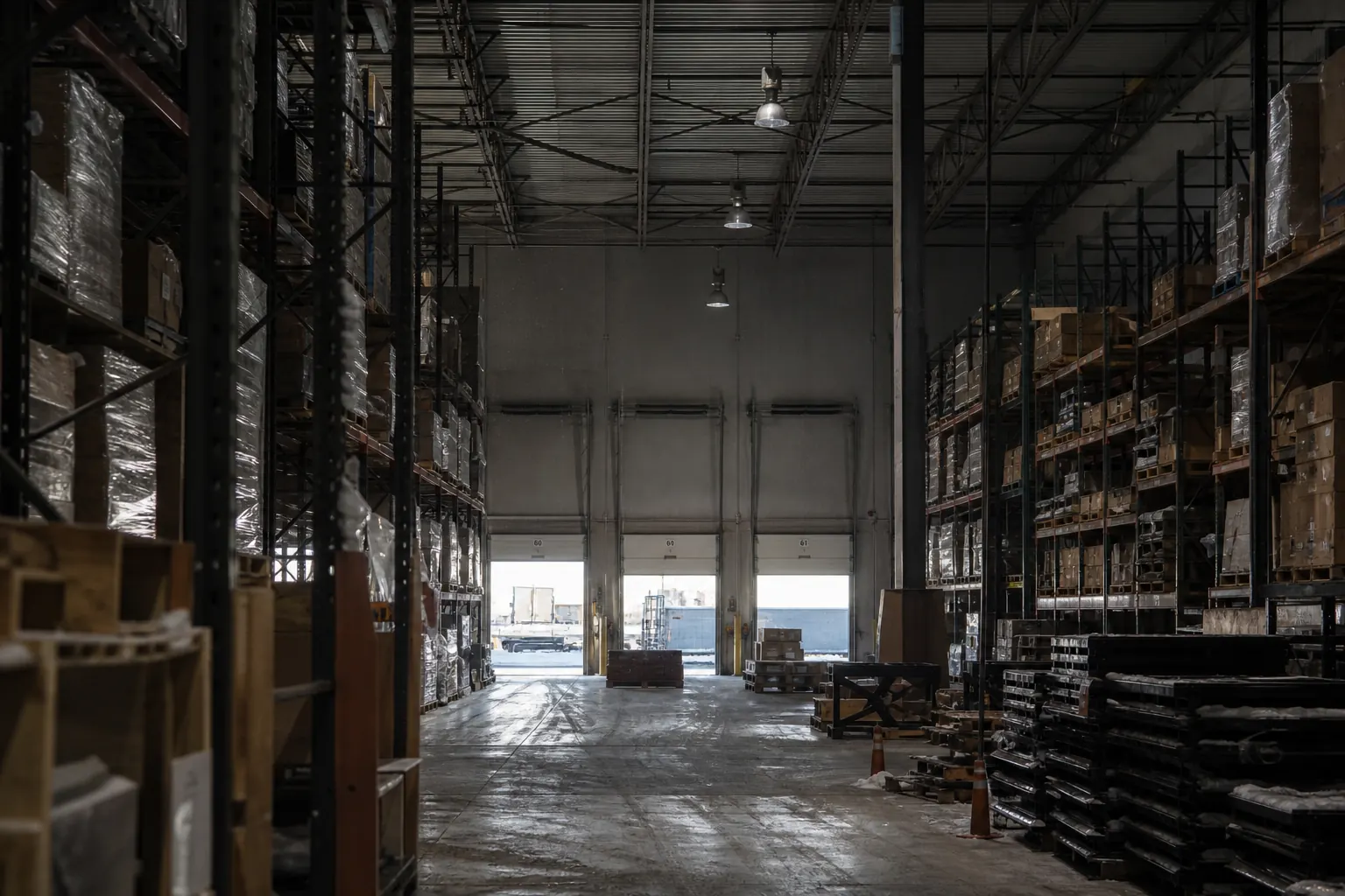 Ceiling-level sprinkler piping and pendent heads above tall pallet racking in a large, heated distribution warehouse