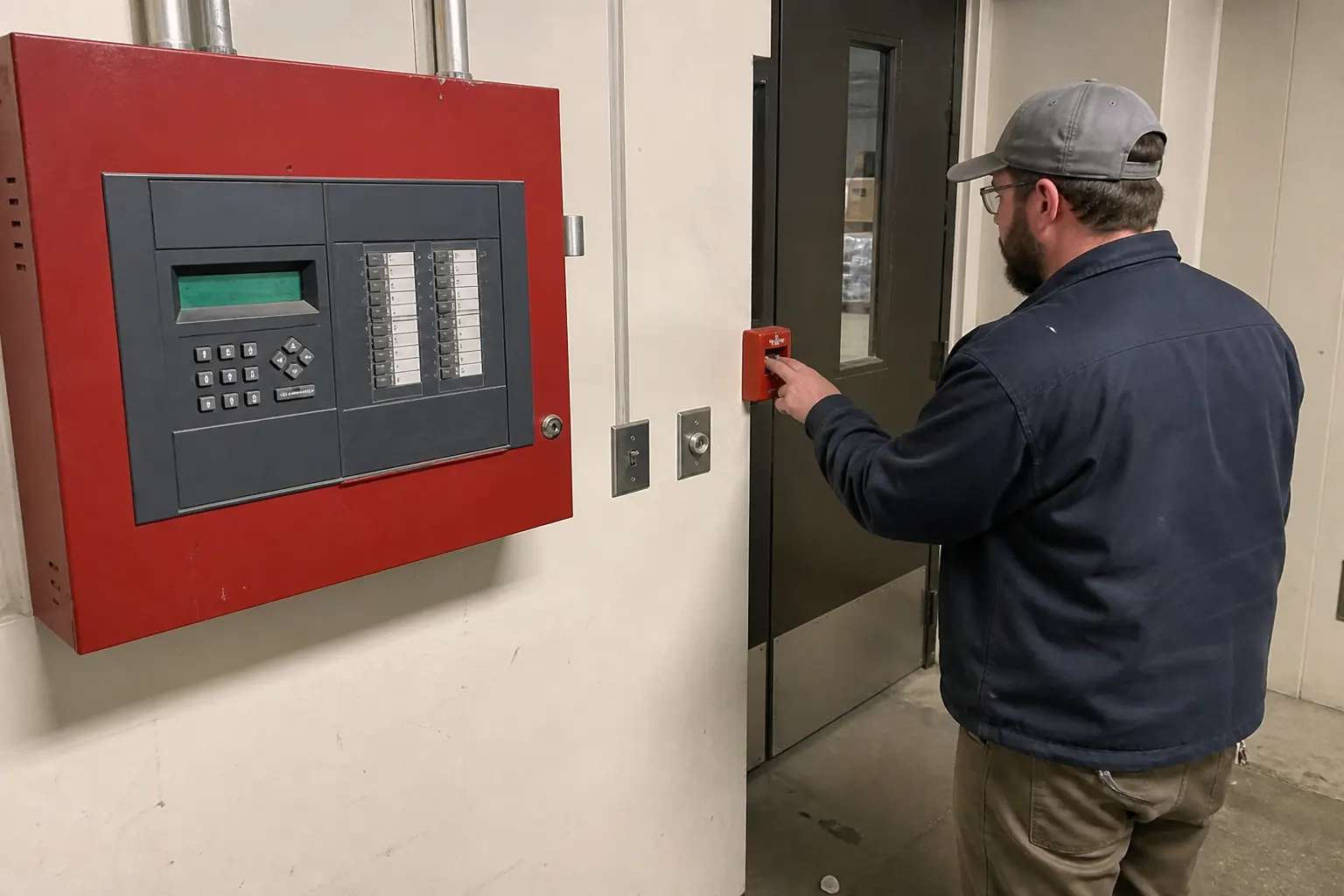 A technician logging results at an open fire alarm control panel in an electrical room, with a paper test record and a laptop on a small cart beside it
