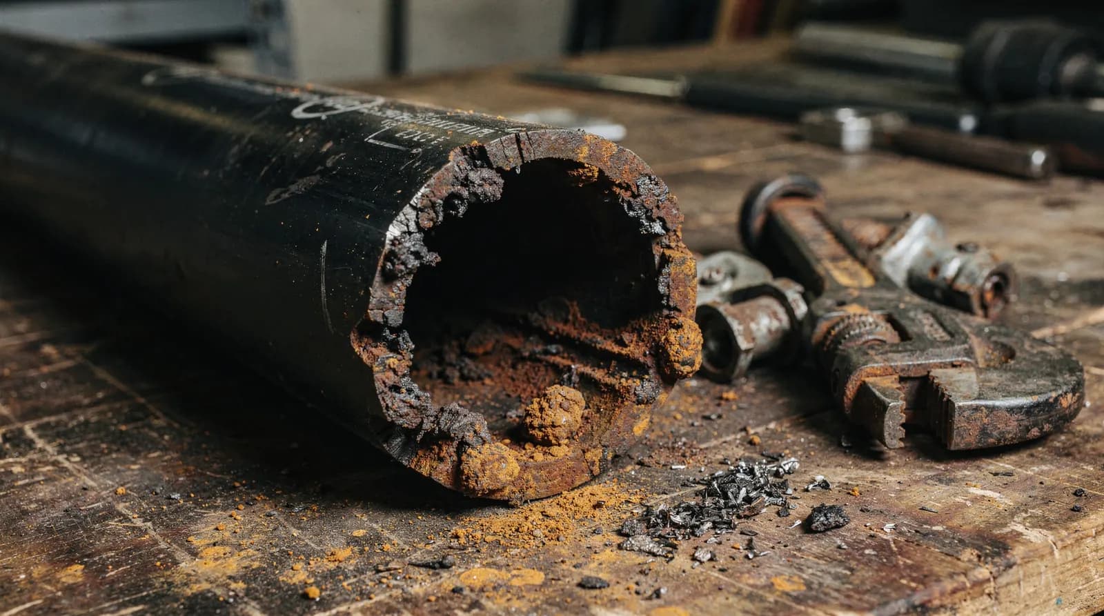 A sprinkler technician on a step ladder holding a cut section of steel branch pipe up to a work light in a mechanical room, with a flushing hose beside a floor drain