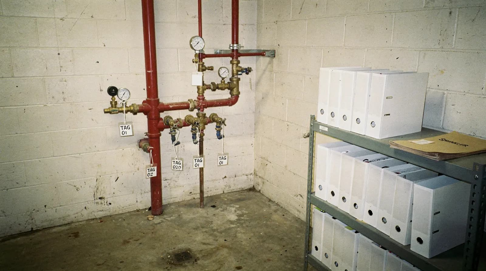 A closeout binder with tabbed test reports and as-built drawings open on a folding table beside a sprinkler riser room door