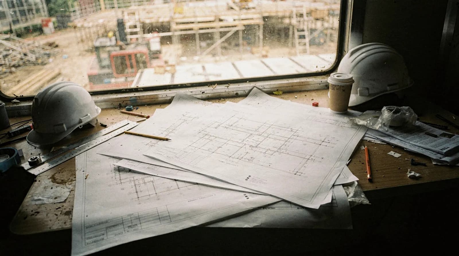 A general contractor's site office table with rolled sprinkler shop drawings, a hydraulic calculation binder and a hard hat beside a laptop
