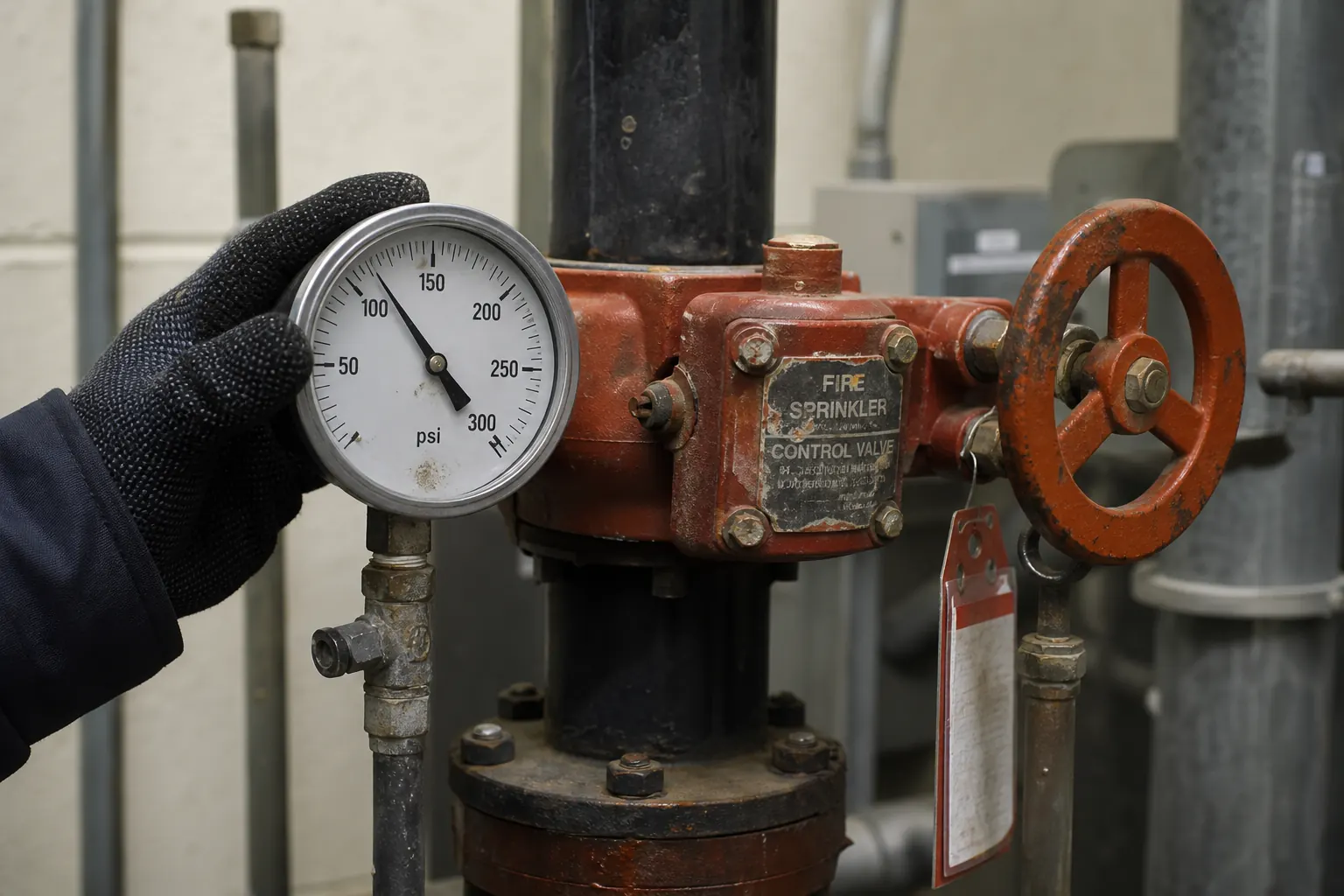 A sprinkler riser in a plain mechanical room, with a control valve, pressure gauge and main drain line lit by a work light