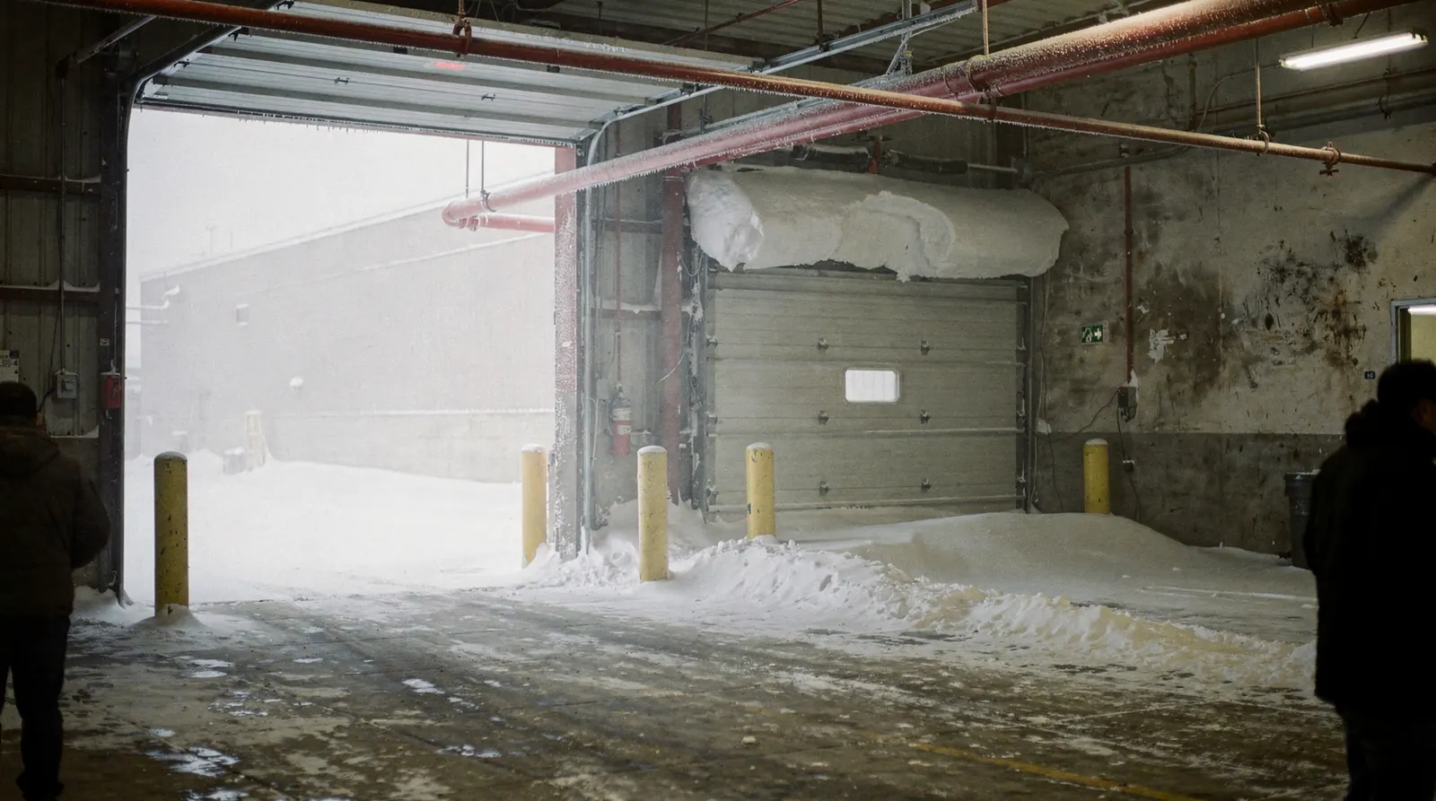A sprinkler riser room in early winter with an insulated pipe run, a wall-mounted heater and a frosted exterior door